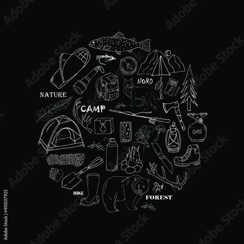 Set of camping and trekking elements. doodle forest rest. Outline hand drawing isolated on black background.