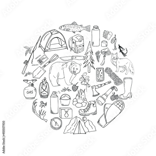 Set of camping and trekking elements. doodle forest rest. Outline hand drawing isolated .