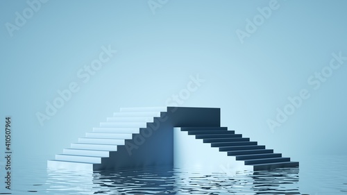 3d render, abstract pastel blue geometric background. Modern minimal showcase for product presentation, simple scene with steps empty podium and reflections in the water