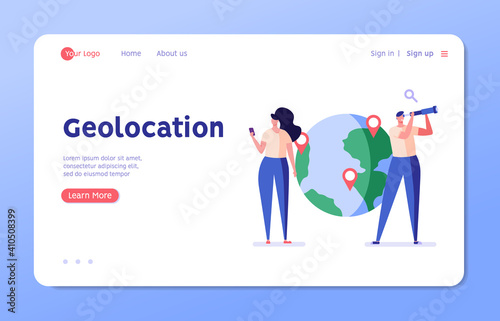 Man and a woman are looking for a route, put geotags, use a mobile app with geolocation. Concept of geotagging, gps navigation, online map, gps pin, correct way. Vector illustration in flat design