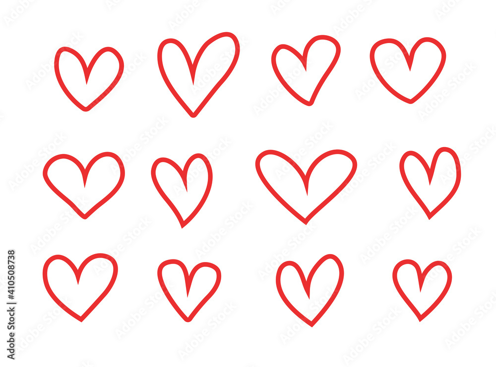 Vector set of contours of hearts, isolated on white background. Symbol of love. Hand drawn, cartoon style.