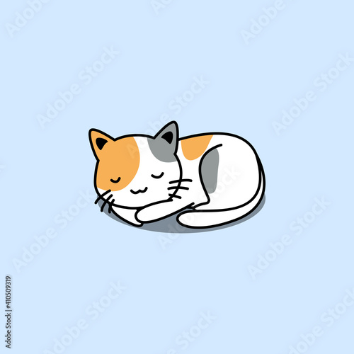 Cute three color cat sleeping cartoon, vector illustration