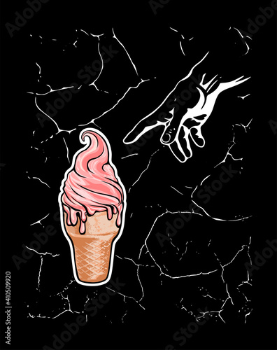 Pink vector hand drawn ice cream cone and hand of God.T shirt print design.The Creation of Adam.Hand white silhouette drawing with textured fresco background like Michelangelo's in the Sistine chapel.