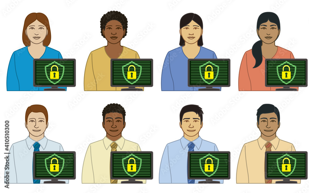 diversity, race, ethnicity of IT services security analyst vector icons, male and female, with computer monitor showing security symbol of lock, isolated on a white background diversity, race, ethnicity of IT services security analyst vector icons, male and female, with computer monitor showing security symbol of lock, isolated on a white background