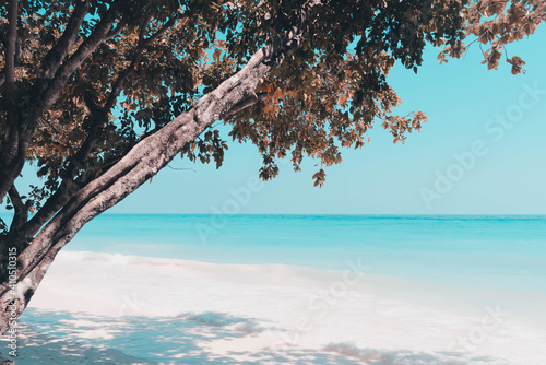 Fototapeta Naklejka Na Ścianę i Meble -  Vintage and retro toning of tropical beach with blue sky and clear sea which including of a wooden boat in sunrise time with vintage retro tone. Vacation time as concept.