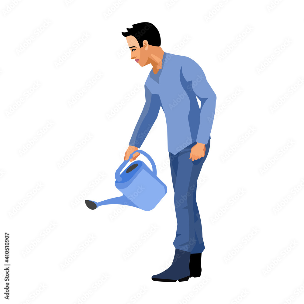 Chinese man with a watering can takes care of the garden Chinese man with a watering can takes care of the garden