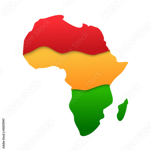 African map continent silhouette icon in paper cut style with african colours - red, yellow, green isolated on white background. Black History Month symbol, vector 3d illustration