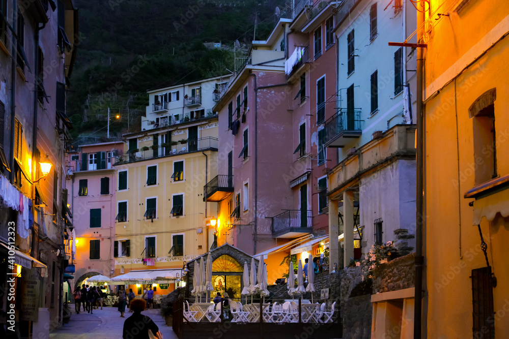 Evening along the main street in the Cinque Terre village of Vernazza, Italy, an Unesco World Heritage Site.