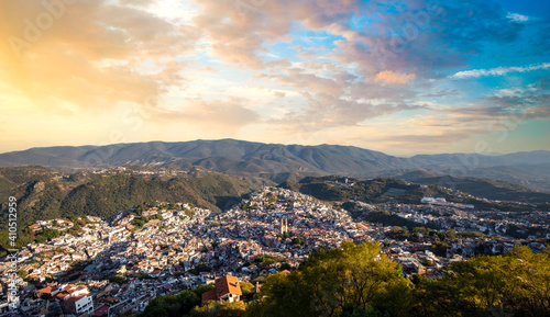 Mexico, Taxco city lookout overlooking scenic hills and colorful colonial historic city center.