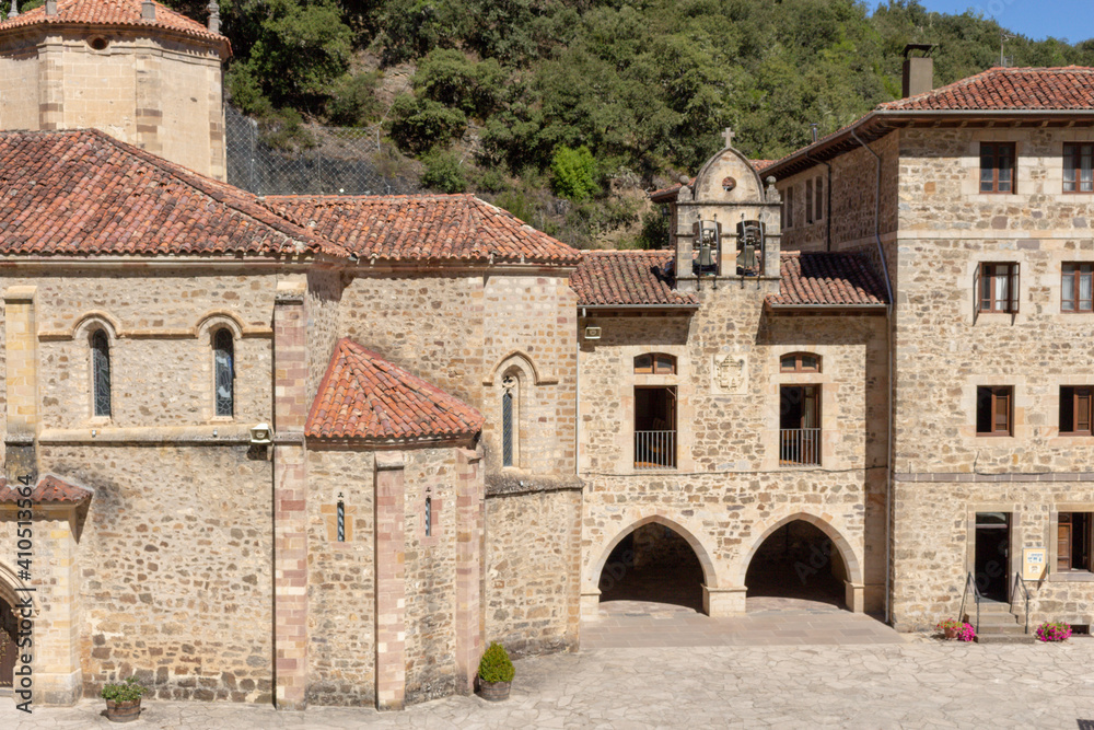 Potes, Spain - September 2, 2020: The Monastery of Santo Toribio de Liébana is a Roman Catholic monastery located in the district of Liébana, near Potes in Cantabria, Spain.