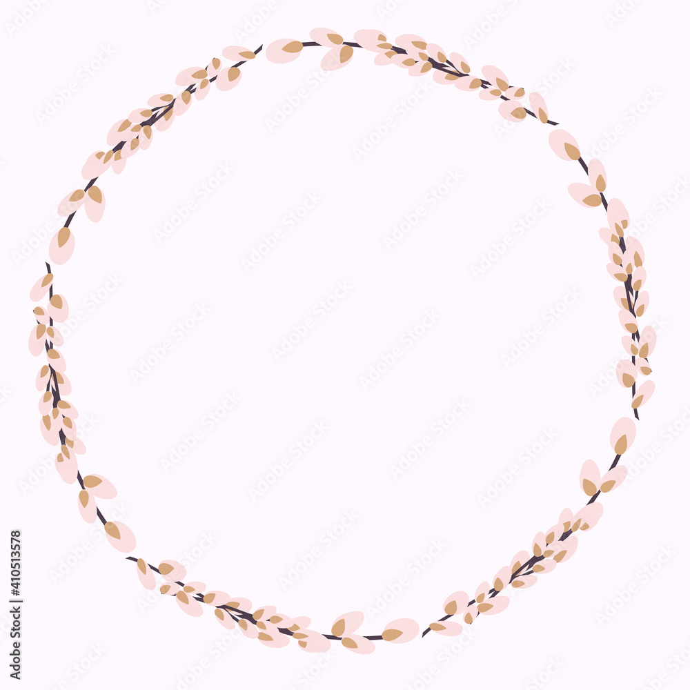 Willow wreath. Round frame made of willow twigs.Easter wreath made of willow stalks.Design for postcards, printing. Willow wreath. Round frame made of willow twigs.Easter wreath made of willow stalks.Design for postcards, printing.