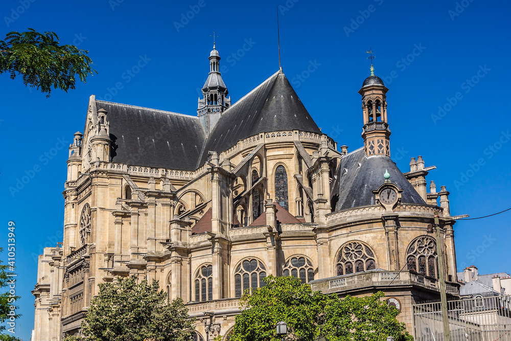 Sixteenth century St. Eustace Church (Leglise Saint-Eustache). Gothic St. Eustache Church is one of the largest churches in Paris. Les Halles, Paris, France.