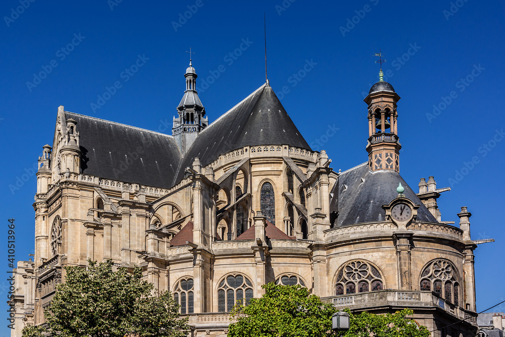 Sixteenth century St. Eustace Church (Leglise Saint-Eustache). Gothic St. Eustache Church is one of the largest churches in Paris. Les Halles, Paris, France.