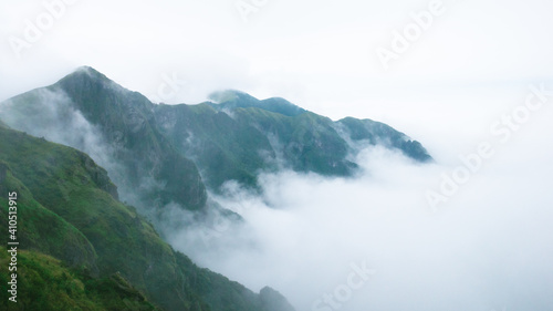 Mountain ridge covered in fog on top of Wugong Mountain in Jiangxi, China