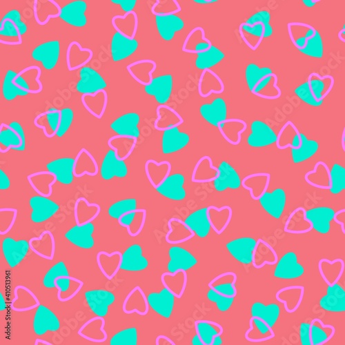 Simple hearts seamless pattern,endless chaotic texture made of tiny heart silhouettes.Valentines,mothers day background.Great for Easter,wedding,scrapbook,gift wrapping paper,textiles.Azure on pink