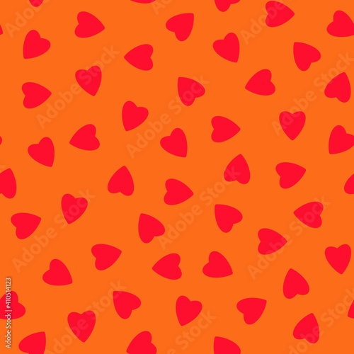 Simple hearts seamless pattern,endless chaotic texture made of tiny heart silhouettes.Valentines,mothers day background.Great for Easter,wedding,scrapbook,gift wrapping paper,textiles.Red on orange