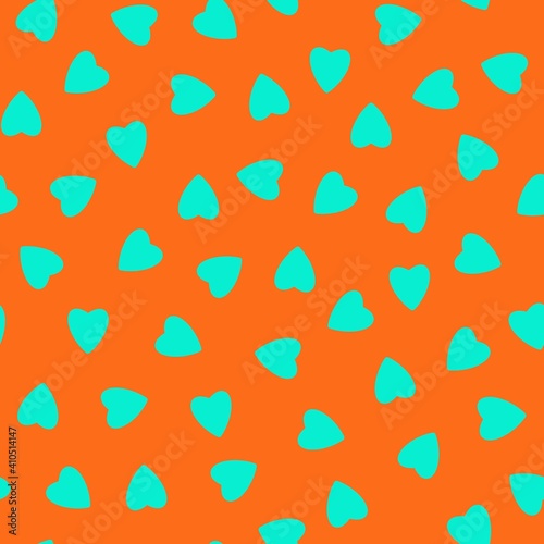 Simple hearts seamless pattern,endless chaotic texture made of tiny heart silhouettes.Valentines,mothers day background.Great for Easter,wedding,scrapbook,gift wrapping paper,textiles.Azure on orange