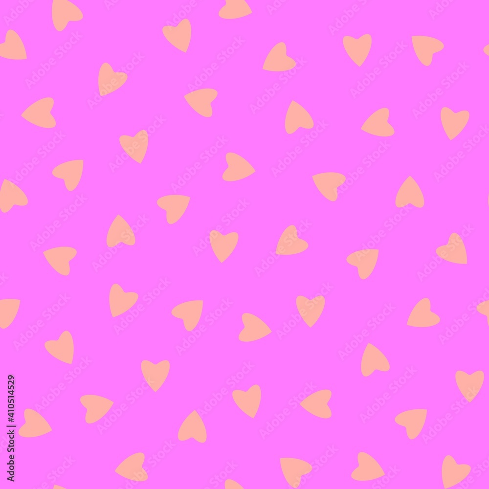 Simple hearts seamless pattern,endless chaotic texture made of tiny heart silhouettes.Valentines,mothers day background.Great for Easter,wedding,scrapbook,gift wrapping paper,textiles.Peach on pink