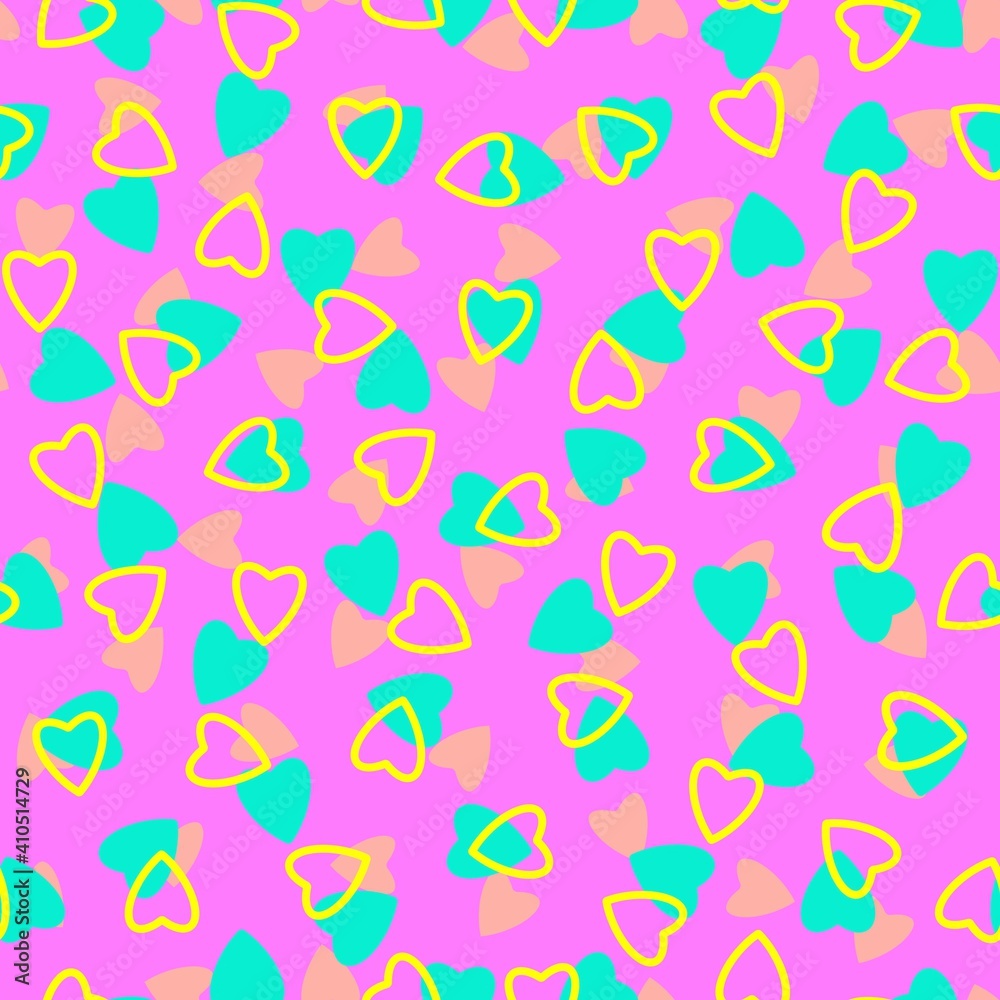 Simple heart seamless pattern,endless chaotic texture made of tiny heart silhouettes.Valentines,mothers day background.Great for Easter,wedding,scrapbook,gift wrapping paper,textiles.Yellow,azure,pink