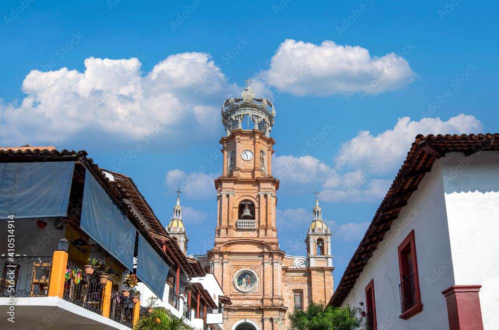 Obraz premium Landmark Puerto Vallarta church Parish of Our Lady of Guadalupe near famous Malecon, beaches and historic city center.
