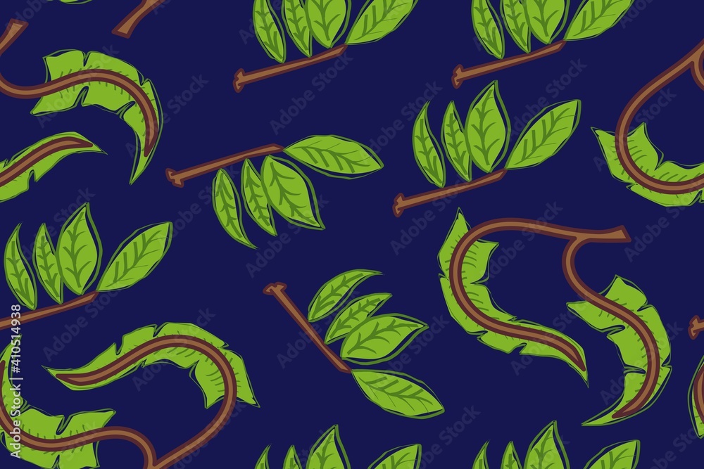 Seamless pattern of beautiful tropical leaves with a beautiful blend of color, long green leaves and small fronds. suitable for background, fashion, etc.
