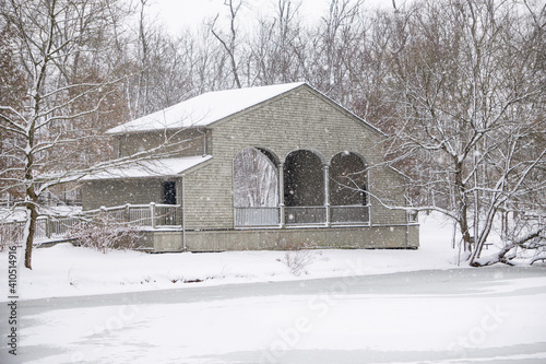 Pavilion in a Snowy Park