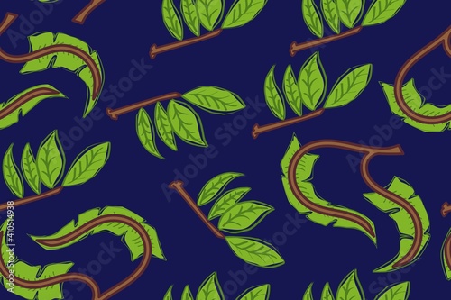 Seamless pattern of beautiful tropical leaves with a beautiful blend of color  long green leaves and small fronds. suitable for background  fashion  etc.