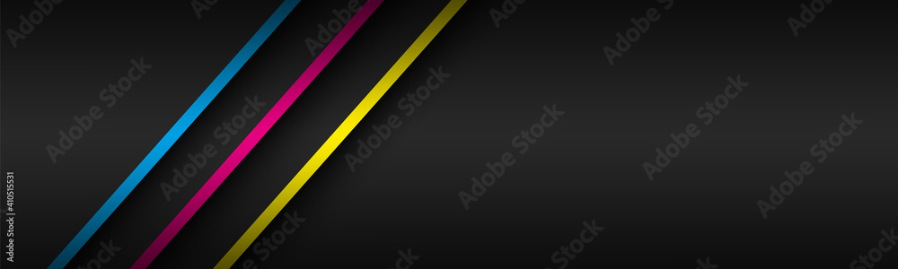 Fototapeta premium Black modern material header with overlapped layers and diagonal lines in cmyk colors. Template for your business. Vector abstract widescreen banner