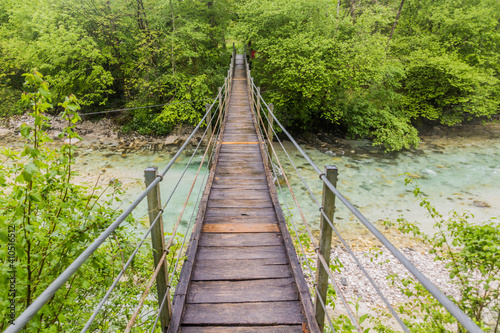Hanging bridge over Koritnica river near Bovec village, Slovenia photo