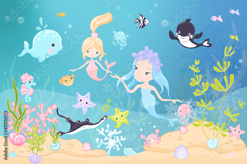 Little mermaid wallpapers. Under Sea animals background. Beautiful blue ocean 