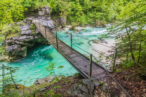Hanging bridge over Soca river near Bovec village, Slovenia