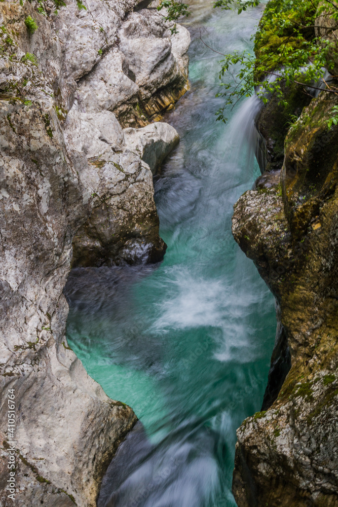 Small waterfall in Soca river gorge near Bovec village, Slovenia