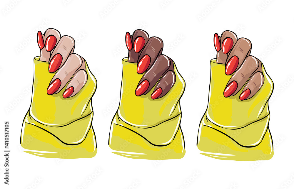 Black women hand illustration, beauty salon acrylic nail polish, colored red gel cosmetics template. Vector blog sigital stickers , female fashion template Vector Black women hand illustration, beauty salon acrylic nail polish, colored red gel cosmetics template. Vector blog sigital stickers , female fashion template Vector