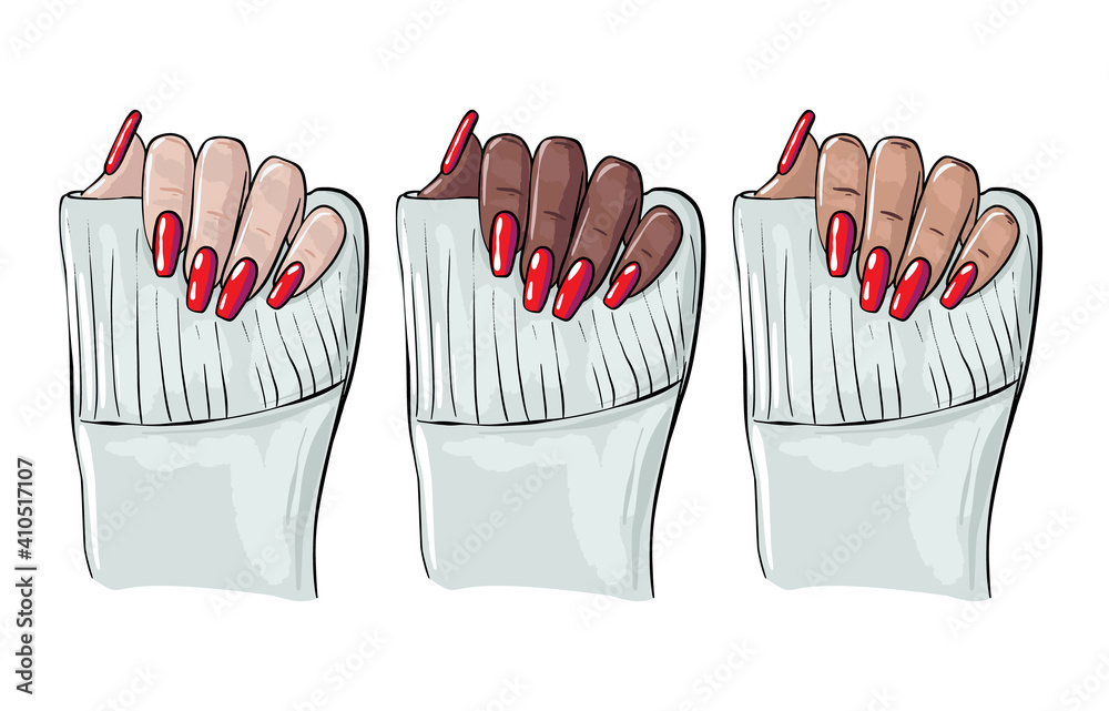 Nails manicure illustration , manicure woman black hand, cosmetology clipart, vector. Beauty salon fashion , shellac nail polish, acrylic nails gel
