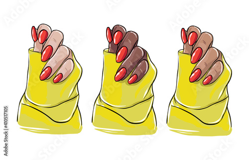 Black women hand illustration, beauty salon acrylic nail polish, colored red gel cosmetics template. Vector blog sigital stickers , female fashion template Vector