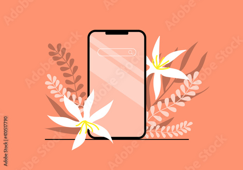 Smartphone searching online. Flower and plant. Vector illustration