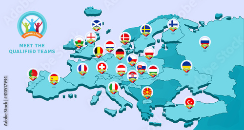 European 2020 football championship Vector illustration with a map of Europe with highlighted countries flag that qualified to final stage and logo sign on white background