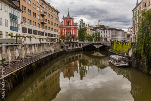 Ljubljanica river in the center of Ljubljana, Slovenia