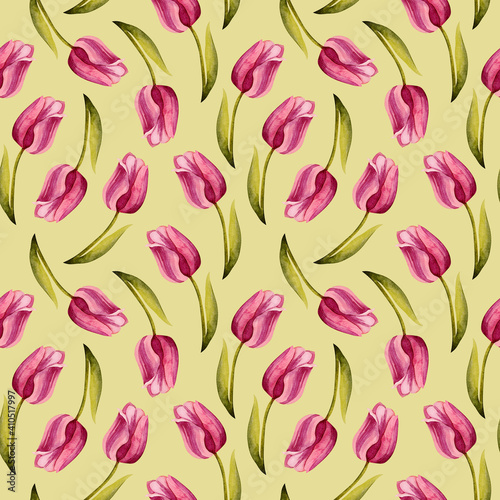 Watercolor spring flowers. Seamless pattern with pink tulips. Floral background for wrapping paper  fabric  postcards  scrapbooking