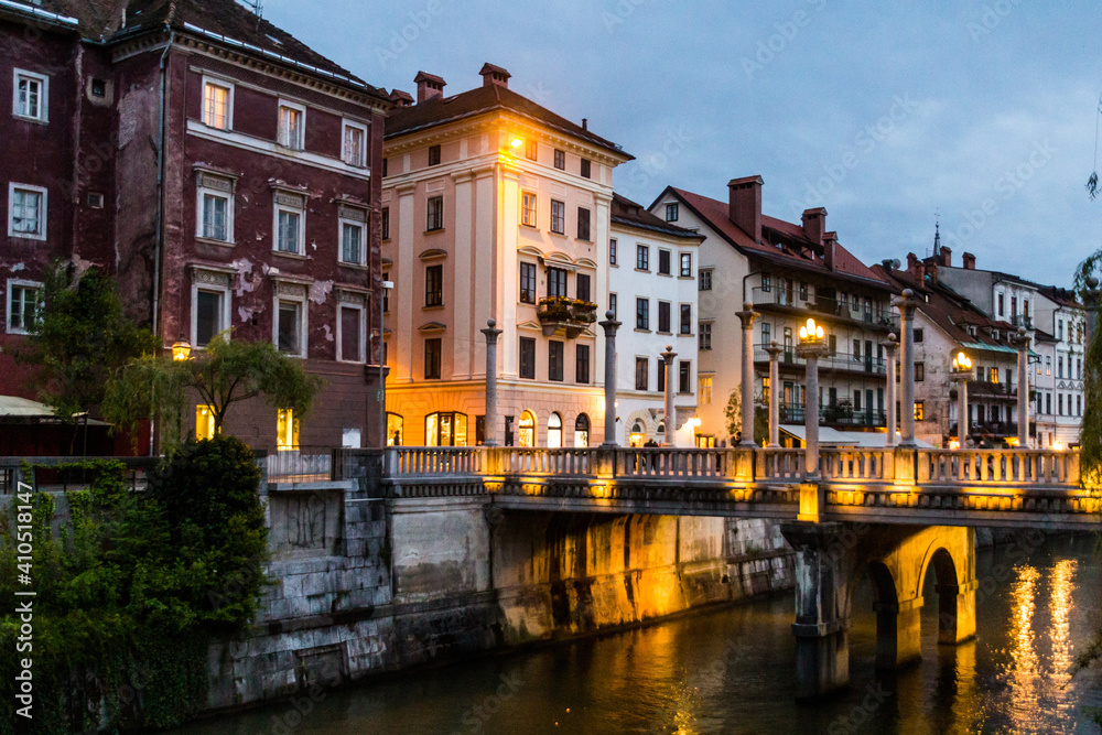Evening view of the Cobblers bridge in Ljubljana, Slovenia