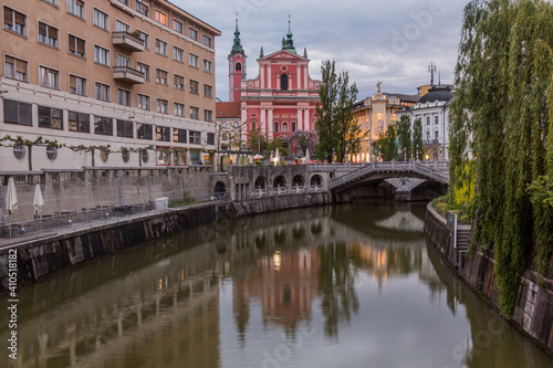 Ljubljanica river and Franciscan Church of the Annunciation in Ljubljana, Slovenia