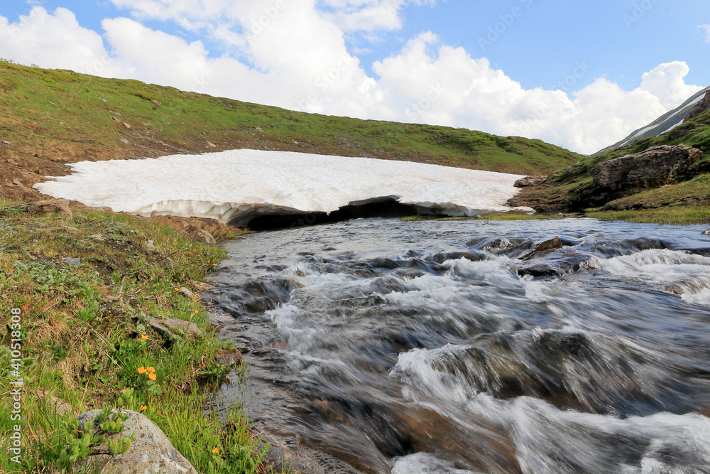 Thaw stream under glacier in the mountains Thaw stream under glacier in the mountains