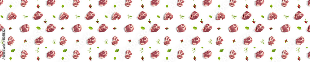 background with raw pork meat slices on white background, raw food background, not pattern, banner wide shoot background with raw pork meat slices on white background, raw food background, not pattern, banner wide shoot