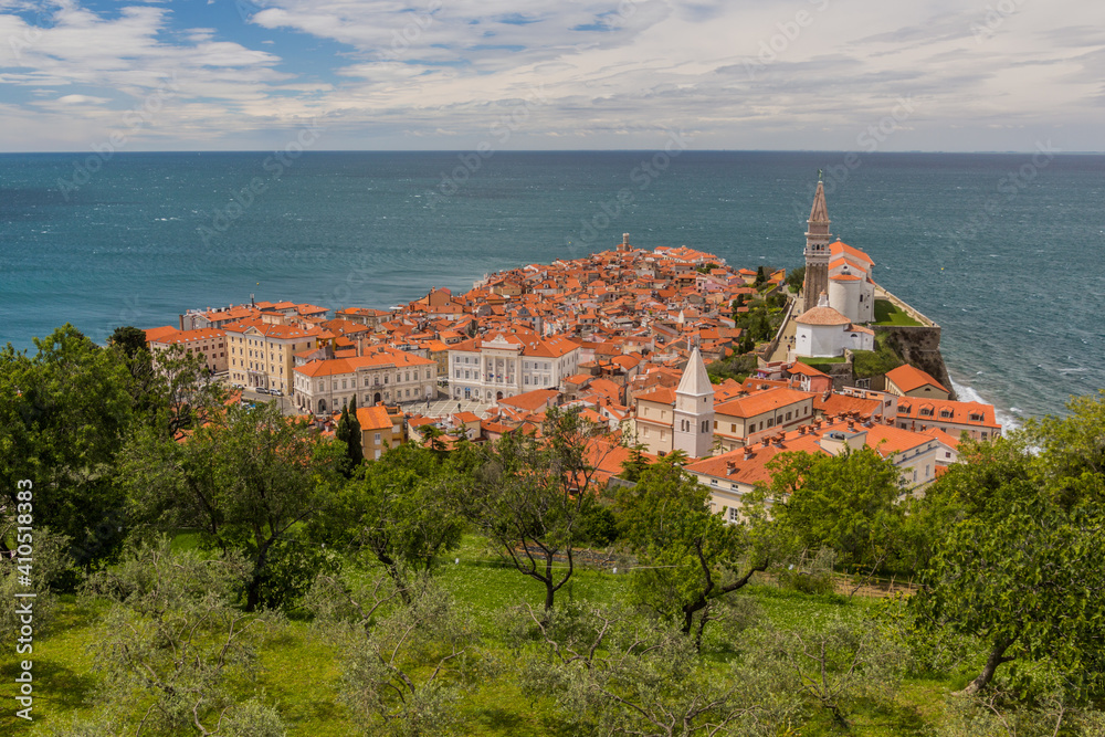 Aerial view of Piran town from the town walls, Slovenia