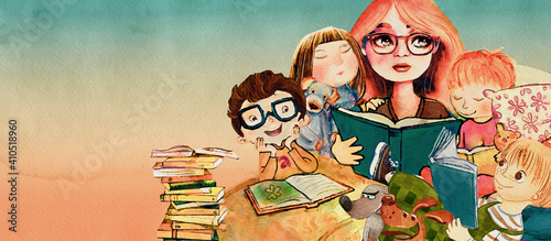 I read to my children. Watercolor concept background photo