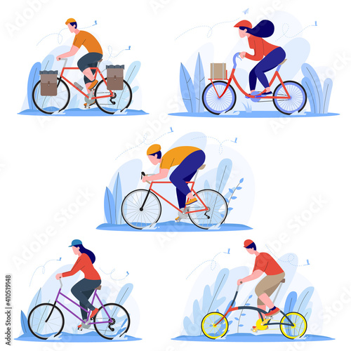 People riding different kind of bicycle, touring, race, folding bicycle, vector illustration