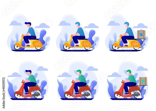 Man with different style riding a scooter, online delivery service, bike taxi, vector illustration