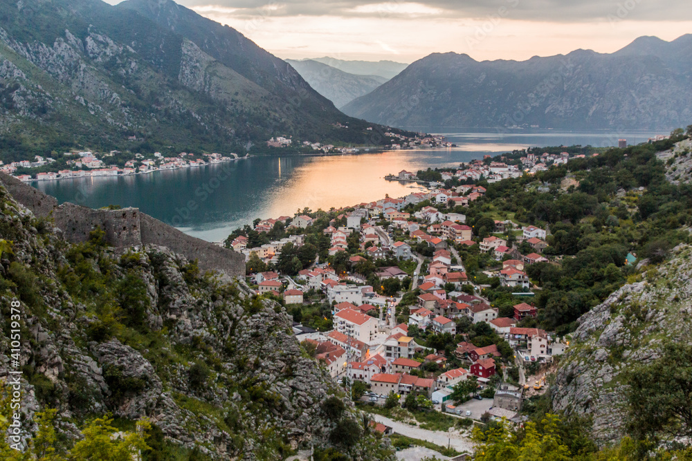 Sunset aerial view of Tabacina neighborhood of Kotor and the Bay of Kotor, Montenegro.
