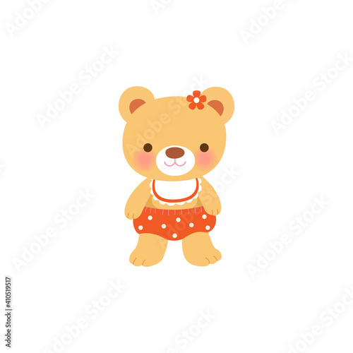 Cute baby bear girl on white background.