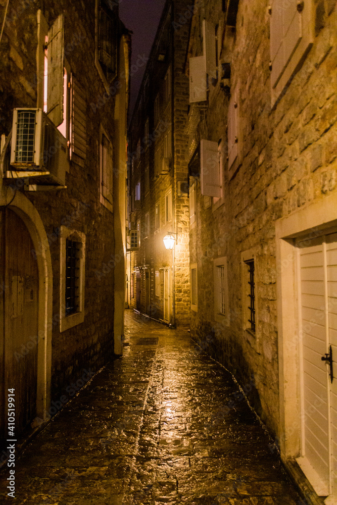 Evening view of an alley in the old town in Budva, Montenegro
